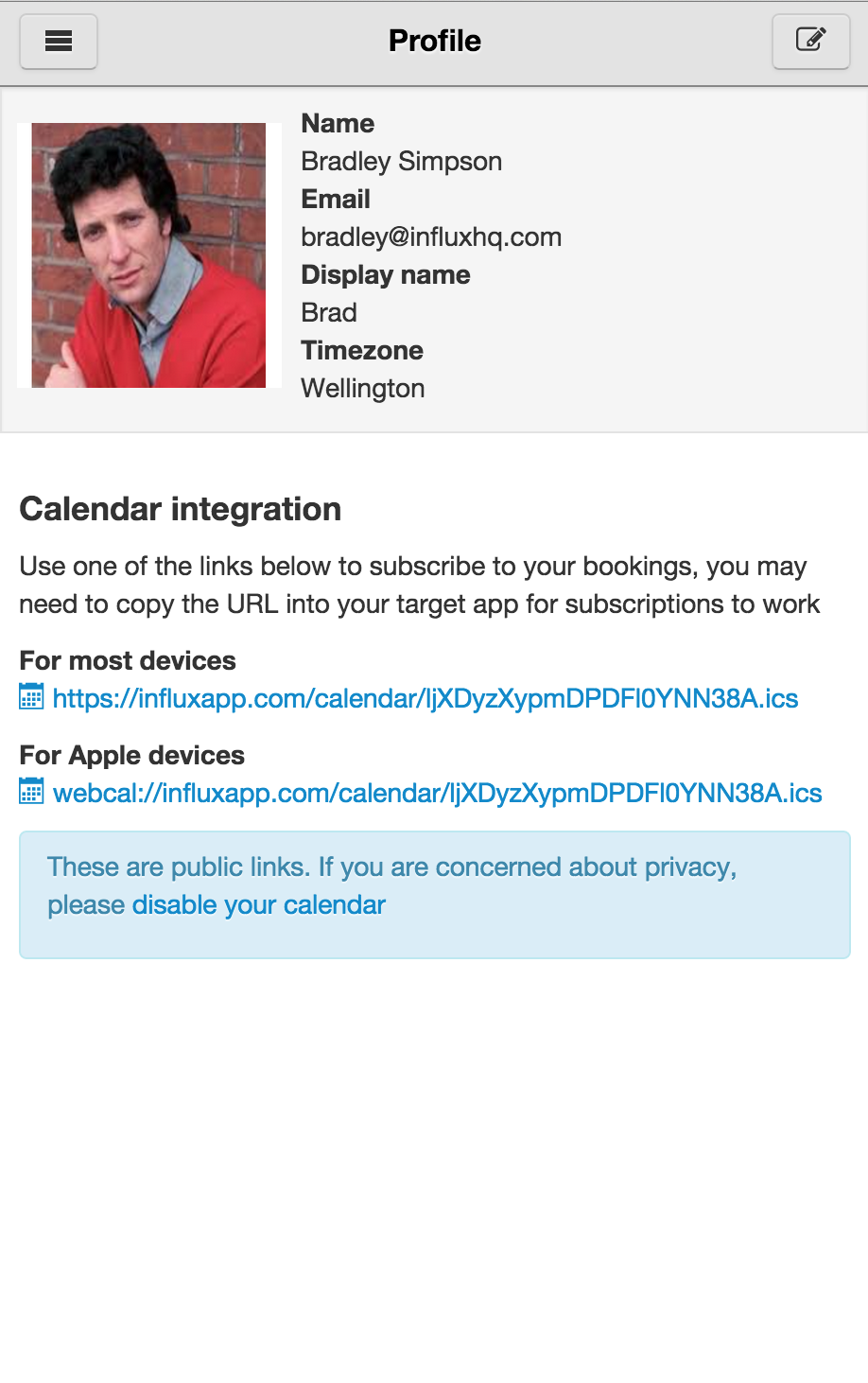 InfluxApp showing iCal calendar integration optoins
