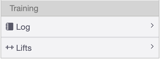 Training menu in InfluxApp for log and lift sections