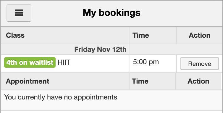 My bookings section showing waitlisted class and position in waitlist